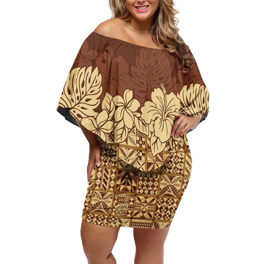 Niue Hiapo Motif Family Matching Off Shoulder Short Dress and Hawaiian Shirt Tapa Classic LT7 Mom's Dress Beige - Polynesian Pride