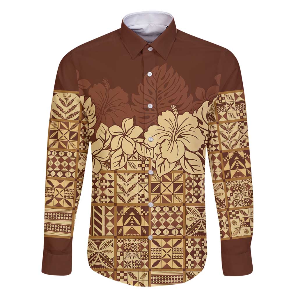 Niue Hiapo Motif Family Matching Puletasi and Hawaiian Shirt Tapa Classic LT7 Dad's Shirt - Long Sleeve Beige - Polynesian Pride