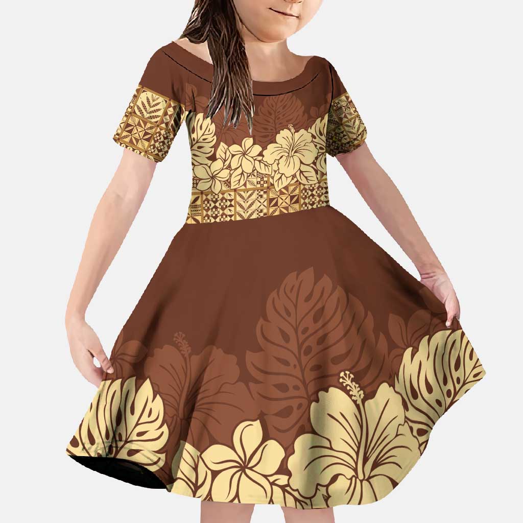 Niue Hiapo Motif Family Matching Short Sleeve Bodycon Dress and Hawaiian Shirt Tapa Classic LT7 Daughter's Dress Beige - Polynesian Pride