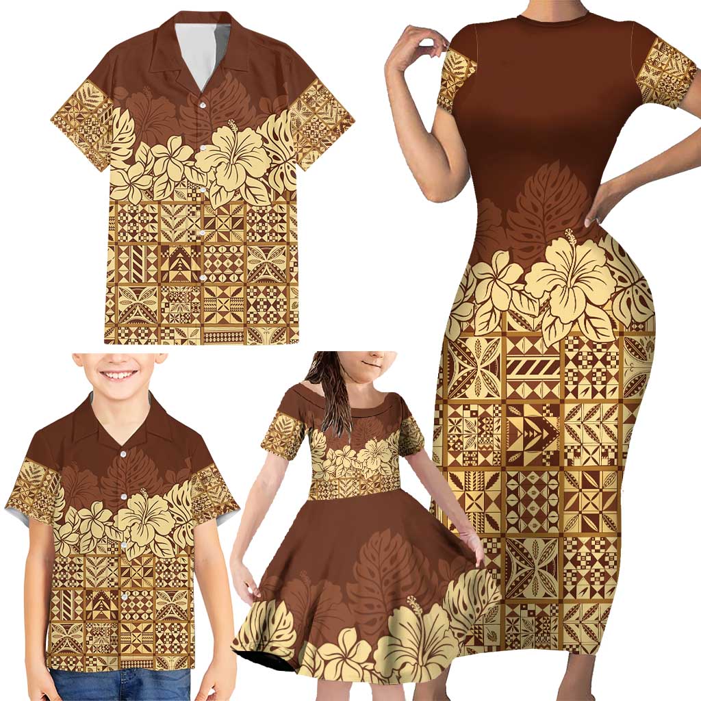 Niue Hiapo Motif Family Matching Short Sleeve Bodycon Dress and Hawaiian Shirt Tapa Classic LT7 - Polynesian Pride
