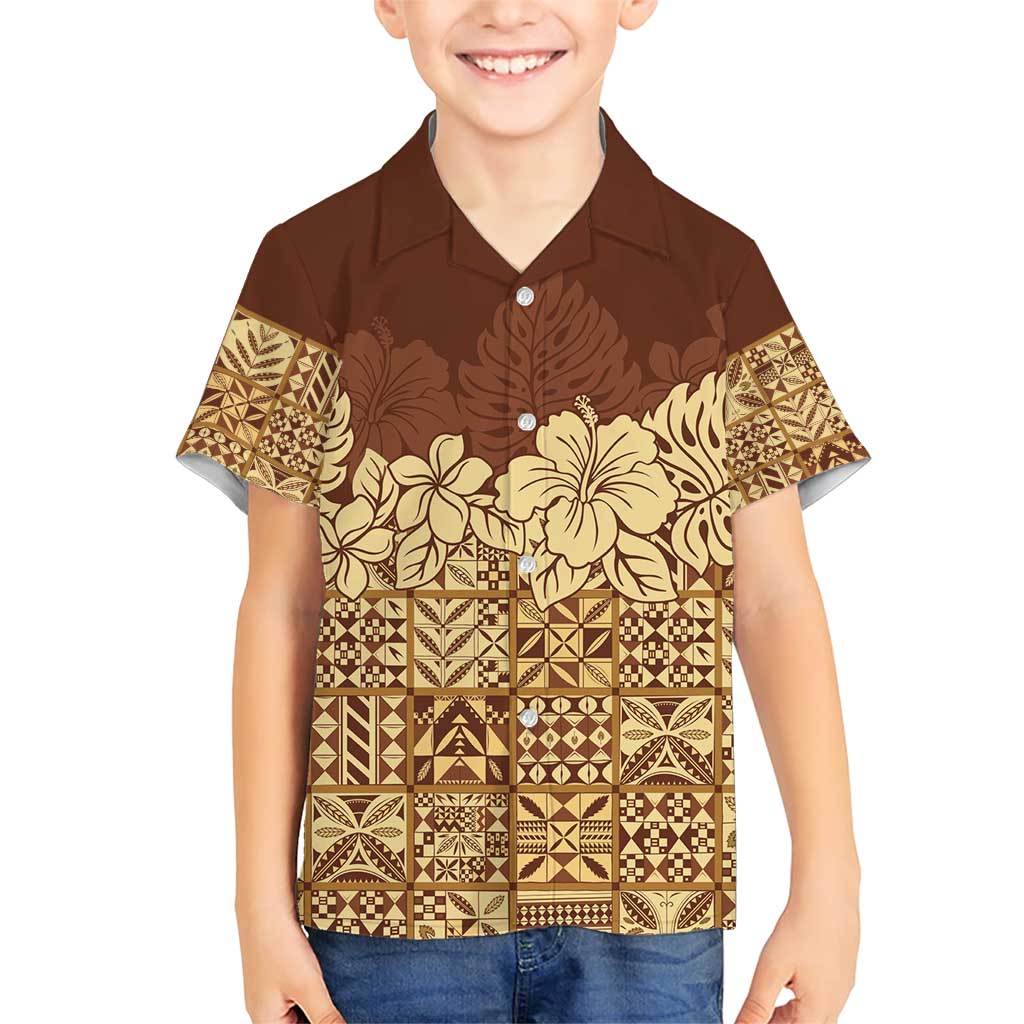 Niue Hiapo Motif Family Matching Short Sleeve Bodycon Dress and Hawaiian Shirt Tapa Classic LT7 Son's Shirt Beige - Polynesian Pride