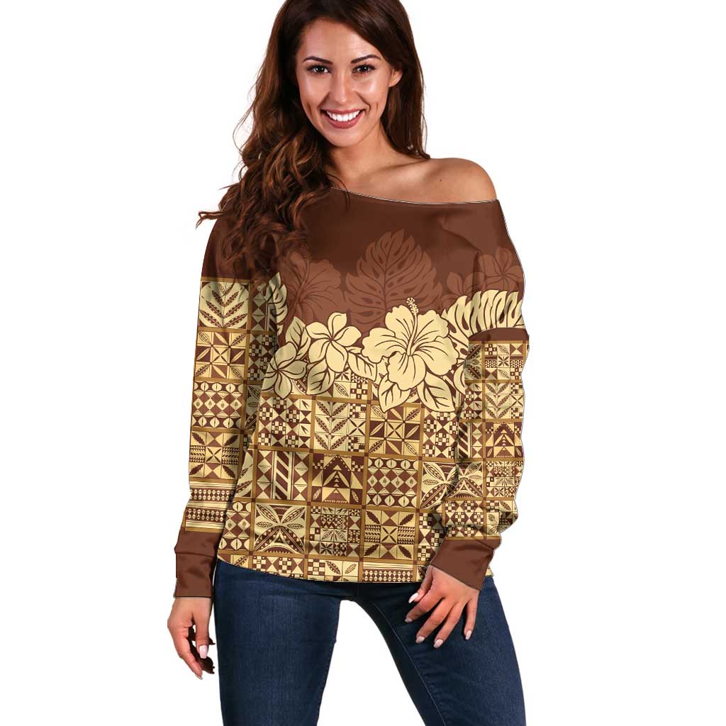 Niue Hiapo Motif Off Shoulder Sweater Tapa Classic LT7 Women Beige - Polynesian Pride