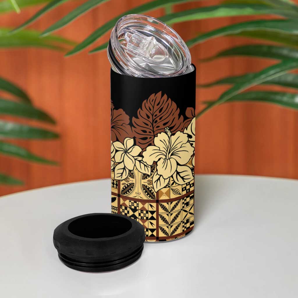 Niue Hiapo Motif 4 in 1 Can Cooler Tumbler Tapa Classic - Black Ver LT7 - Polynesian Pride