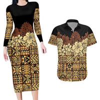 Niue Hiapo Motif Couples Matching Long Sleeve Bodycon Dress and Hawaiian Shirt Tapa Classic - Black Ver LT7 Black - Polynesian Pride