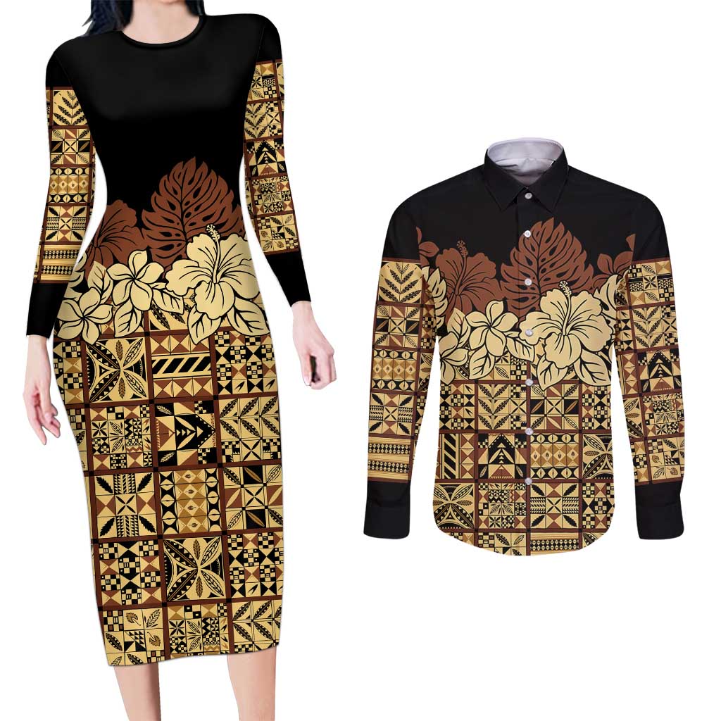 Niue Hiapo Motif Couples Matching Long Sleeve Bodycon Dress and Long Sleeve Button Shirt Tapa Classic - Black Ver LT7 Black - Polynesian Pride