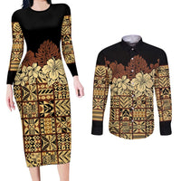 Niue Hiapo Motif Couples Matching Long Sleeve Bodycon Dress and Long Sleeve Button Shirt Tapa Classic - Black Ver LT7 Black - Polynesian Pride