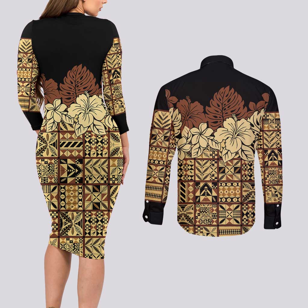 Niue Hiapo Motif Couples Matching Long Sleeve Bodycon Dress and Long Sleeve Button Shirt Tapa Classic - Black Ver LT7 - Polynesian Pride