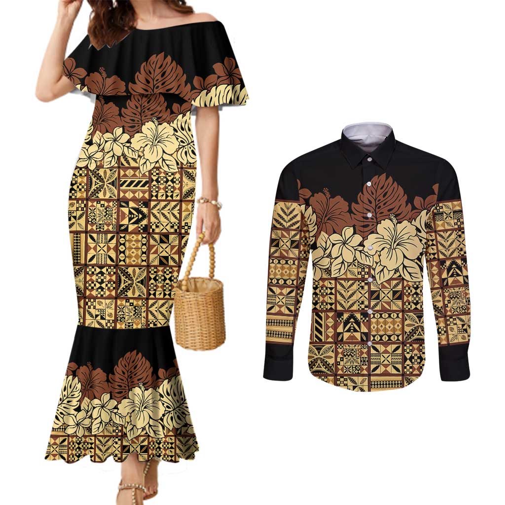 Niue Hiapo Motif Couples Matching Mermaid Dress and Long Sleeve Button Shirt Tapa Classic - Black Ver LT7 Black - Polynesian Pride
