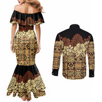 Niue Hiapo Motif Couples Matching Mermaid Dress and Long Sleeve Button Shirt Tapa Classic - Black Ver LT7 - Polynesian Pride