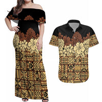 Niue Hiapo Motif Couples Matching Off Shoulder Maxi Dress and Hawaiian Shirt Tapa Classic - Black Ver LT7 Black - Polynesian Pride