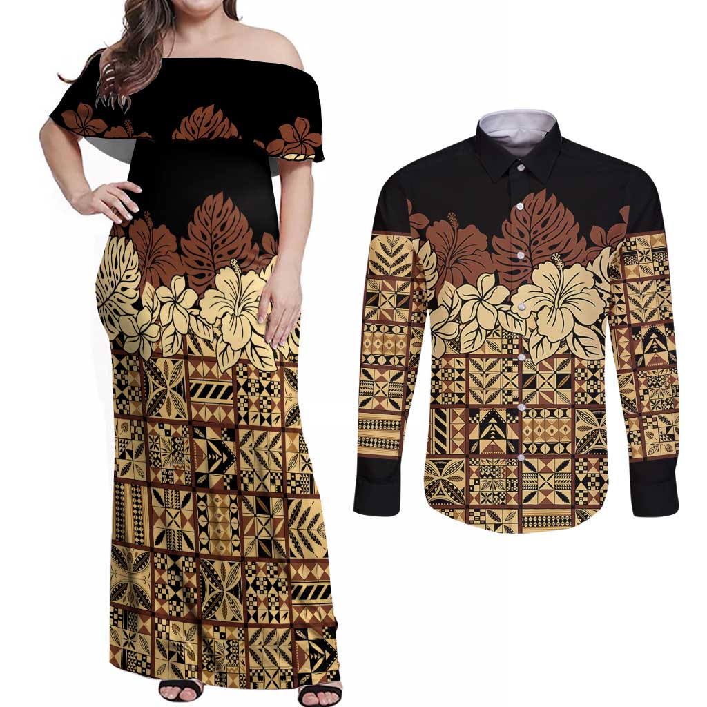 Niue Hiapo Motif Couples Matching Off Shoulder Maxi Dress and Long Sleeve Button Shirt Tapa Classic - Black Ver LT7 Black - Polynesian Pride