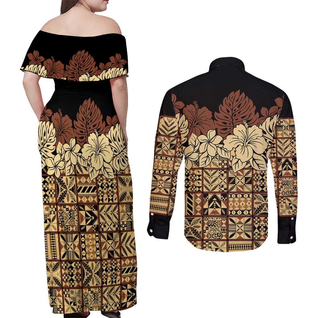 Niue Hiapo Motif Couples Matching Off Shoulder Maxi Dress and Long Sleeve Button Shirt Tapa Classic - Black Ver LT7 - Polynesian Pride