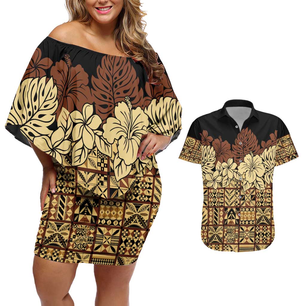 Niue Hiapo Motif Couples Matching Off Shoulder Short Dress and Hawaiian Shirt Tapa Classic - Black Ver LT7 Black - Polynesian Pride
