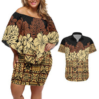 Niue Hiapo Motif Couples Matching Off Shoulder Short Dress and Hawaiian Shirt Tapa Classic - Black Ver LT7 Black - Polynesian Pride