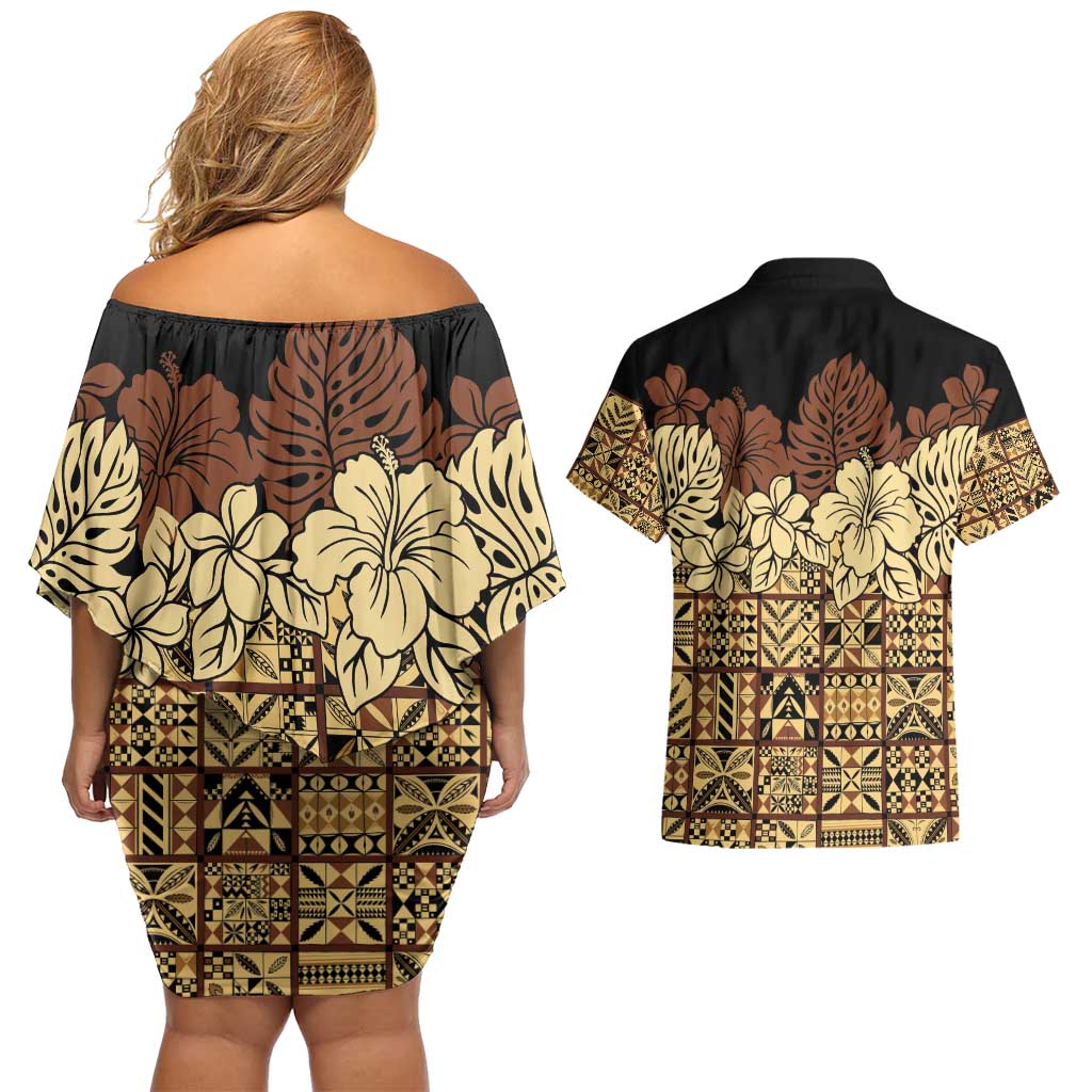 Niue Hiapo Motif Couples Matching Off Shoulder Short Dress and Hawaiian Shirt Tapa Classic - Black Ver LT7 - Polynesian Pride