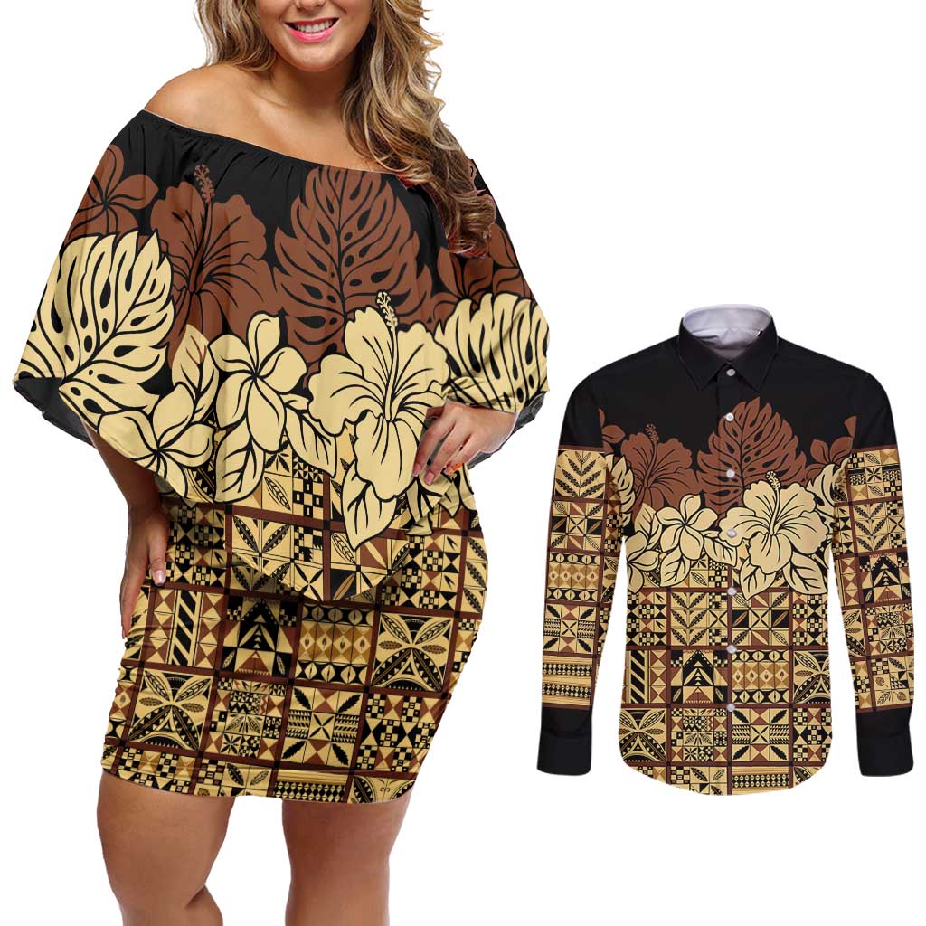 Niue Hiapo Motif Couples Matching Off Shoulder Short Dress and Long Sleeve Button Shirt Tapa Classic - Black Ver LT7 Black - Polynesian Pride