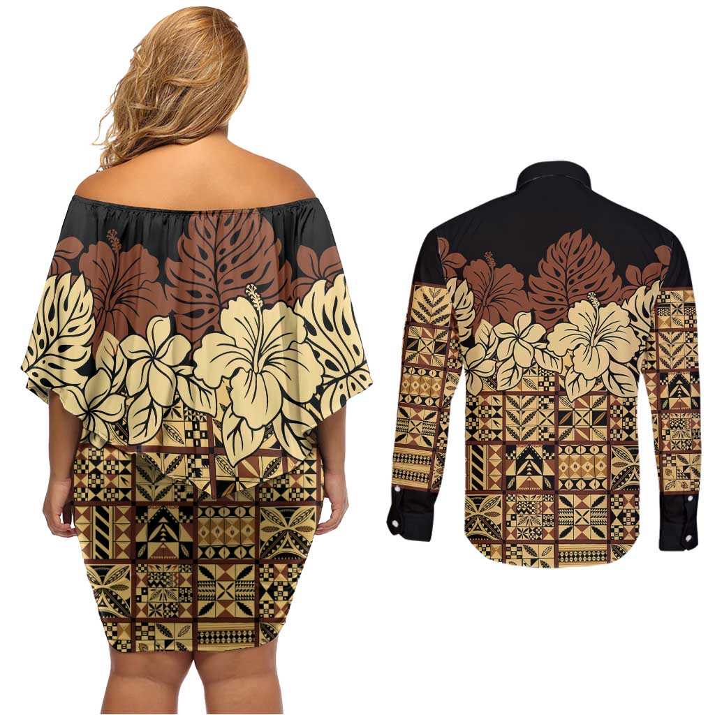Niue Hiapo Motif Couples Matching Off Shoulder Short Dress and Long Sleeve Button Shirt Tapa Classic - Black Ver LT7 - Polynesian Pride