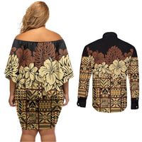 Niue Hiapo Motif Couples Matching Off Shoulder Short Dress and Long Sleeve Button Shirt Tapa Classic - Black Ver LT7 - Polynesian Pride