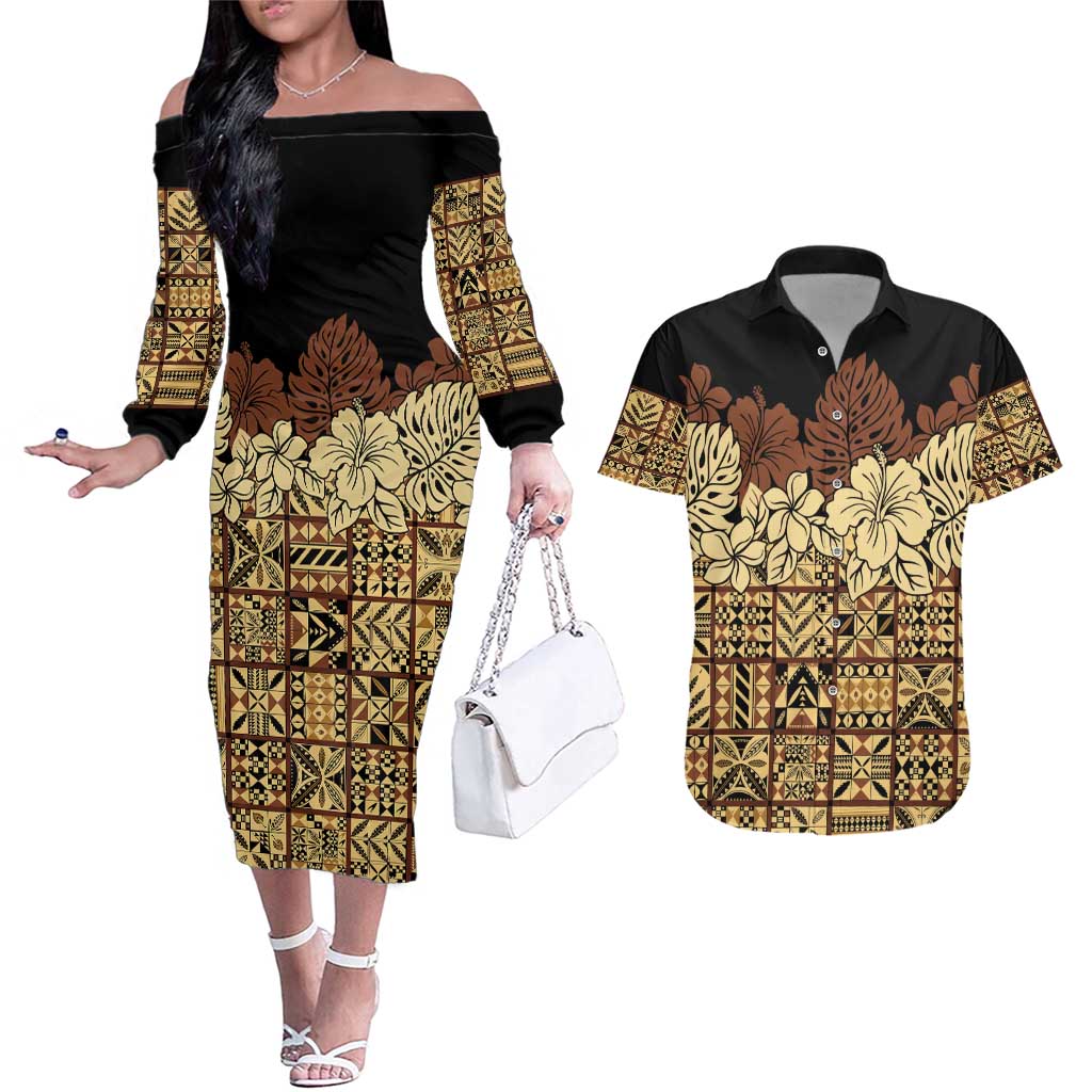 Niue Hiapo Motif Couples Matching Off The Shoulder Long Sleeve Dress and Hawaiian Shirt Tapa Classic - Black Ver LT7 Black - Polynesian Pride