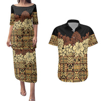 Niue Hiapo Motif Couples Matching Puletasi and Hawaiian Shirt Tapa Classic - Black Ver LT7 Black - Polynesian Pride