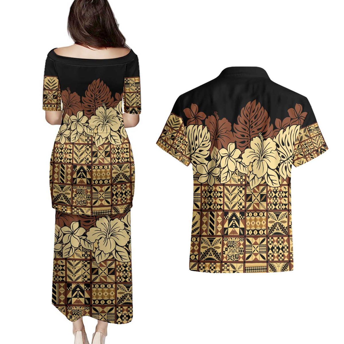 Niue Hiapo Motif Couples Matching Puletasi and Hawaiian Shirt Tapa Classic - Black Ver LT7 - Polynesian Pride