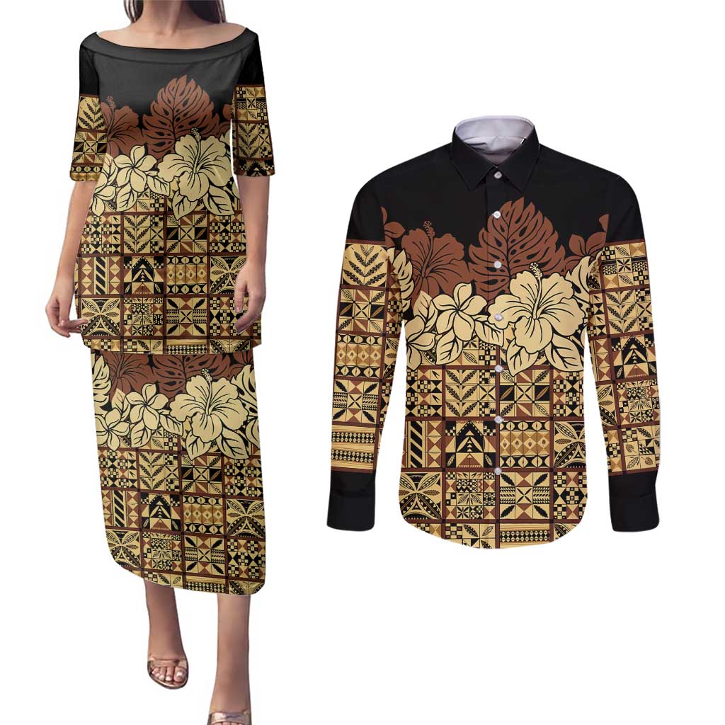 Niue Hiapo Motif Couples Matching Puletasi and Long Sleeve Button Shirt Tapa Classic - Black Ver LT7 Black - Polynesian Pride