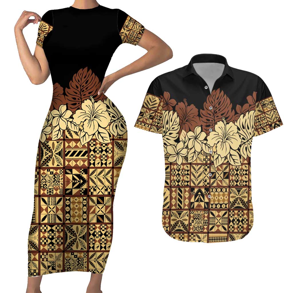 Niue Hiapo Motif Couples Matching Short Sleeve Bodycon Dress and Hawaiian Shirt Tapa Classic - Black Ver LT7 Black - Polynesian Pride