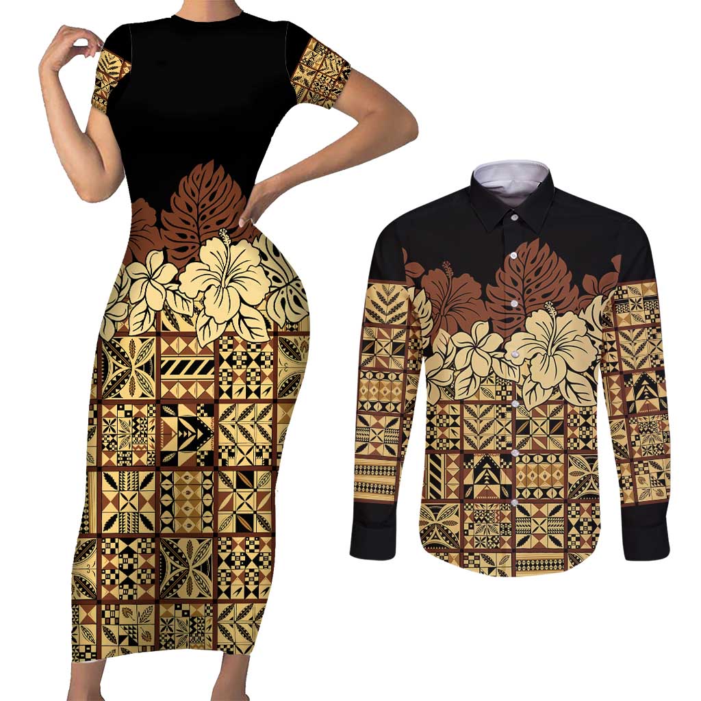 Niue Hiapo Motif Couples Matching Short Sleeve Bodycon Dress and Long Sleeve Button Shirt Tapa Classic - Black Ver LT7 Black - Polynesian Pride
