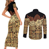 Niue Hiapo Motif Couples Matching Short Sleeve Bodycon Dress and Long Sleeve Button Shirt Tapa Classic - Black Ver LT7 - Polynesian Pride