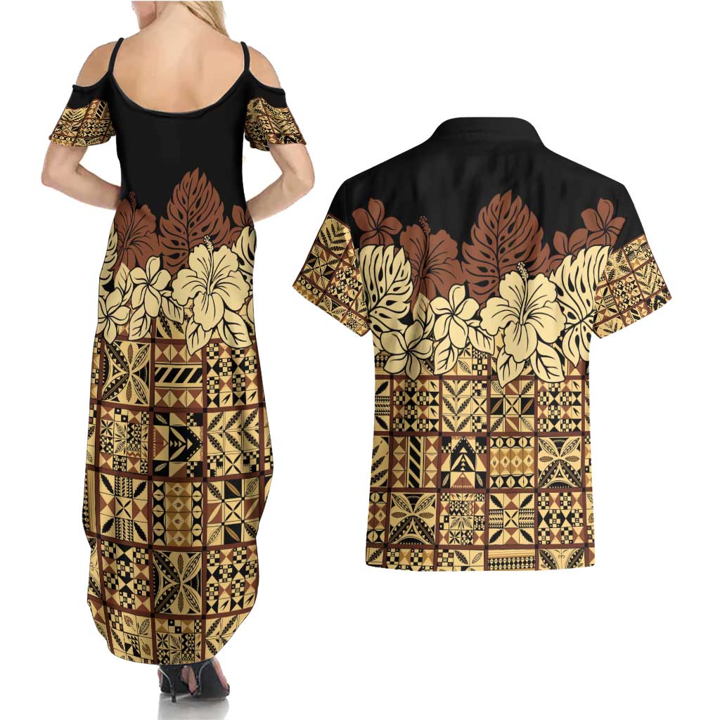 Niue Hiapo Motif Couples Matching Summer Maxi Dress and Hawaiian Shirt Tapa Classic - Black Ver LT7 - Polynesian Pride