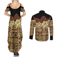 Niue Hiapo Motif Couples Matching Summer Maxi Dress and Long Sleeve Button Shirt Tapa Classic - Black Ver LT7 - Polynesian Pride