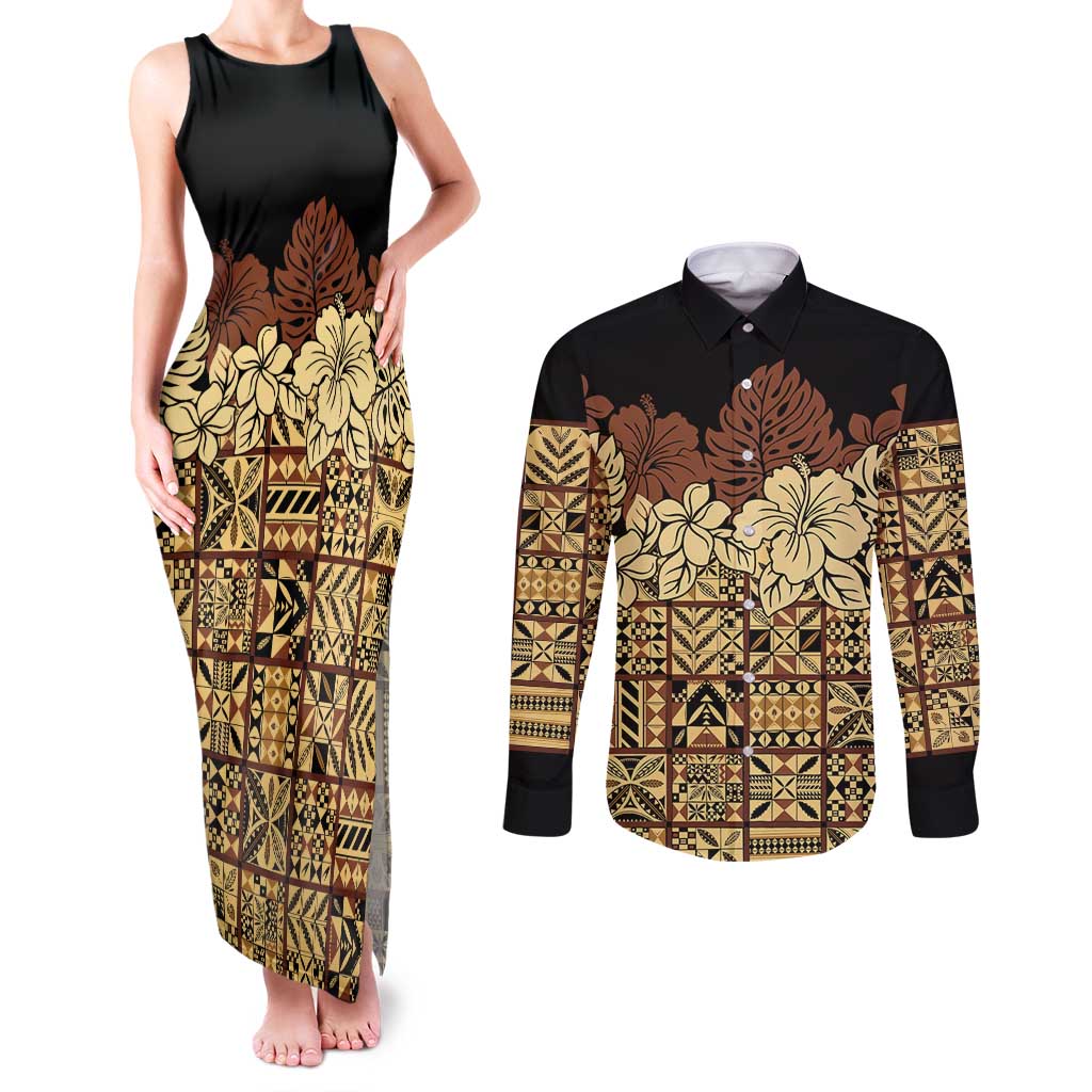 Niue Hiapo Motif Couples Matching Tank Maxi Dress and Long Sleeve Button Shirt Tapa Classic - Black Ver LT7 Black - Polynesian Pride