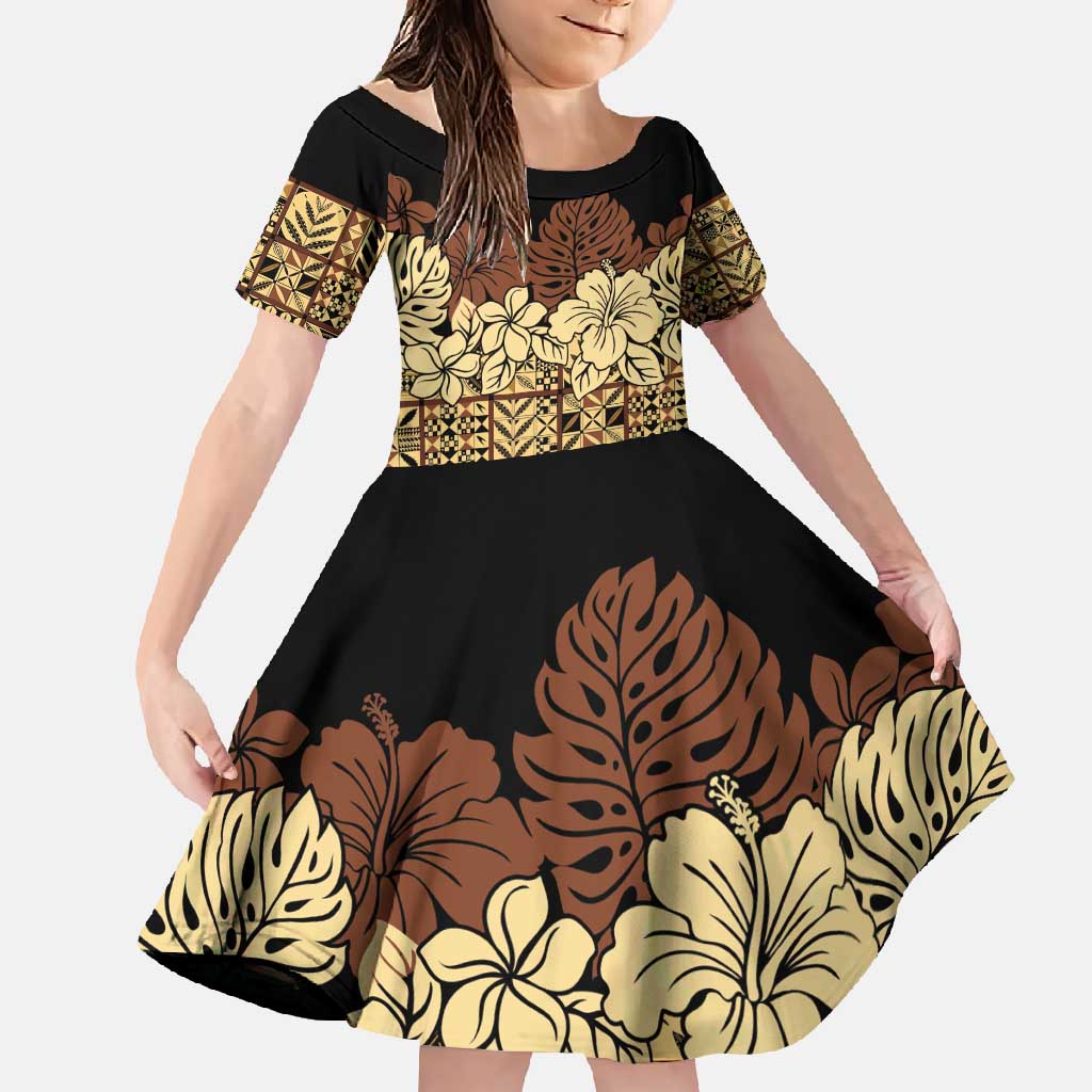 Niue Hiapo Motif Family Matching Long Sleeve Bodycon Dress and Hawaiian Shirt Tapa Classic - Black Ver LT7 Daughter's Dress Black - Polynesian Pride