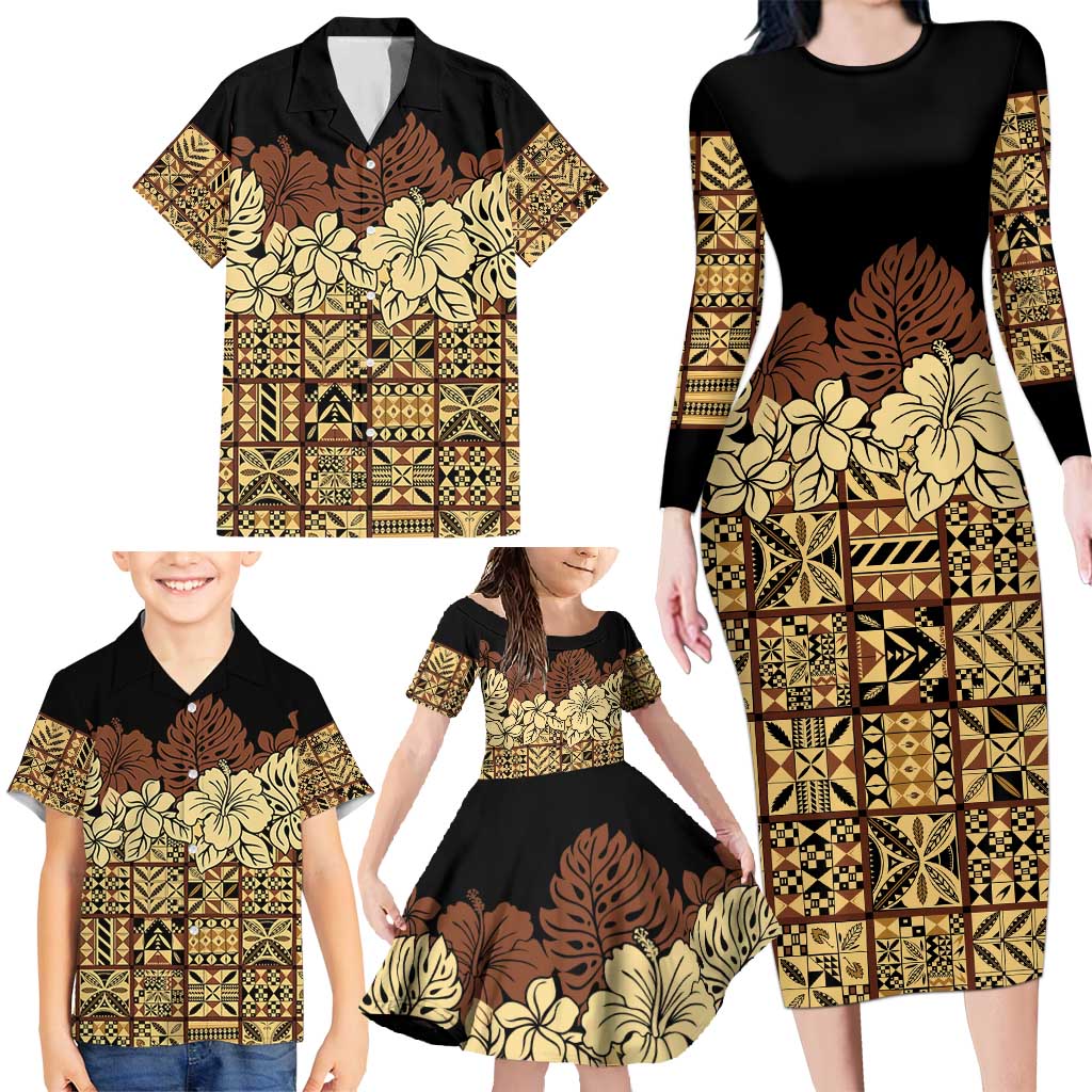 Niue Hiapo Motif Family Matching Long Sleeve Bodycon Dress and Hawaiian Shirt Tapa Classic - Black Ver LT7 - Polynesian Pride