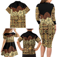 Niue Hiapo Motif Family Matching Long Sleeve Bodycon Dress and Hawaiian Shirt Tapa Classic - Black Ver LT7 - Polynesian Pride