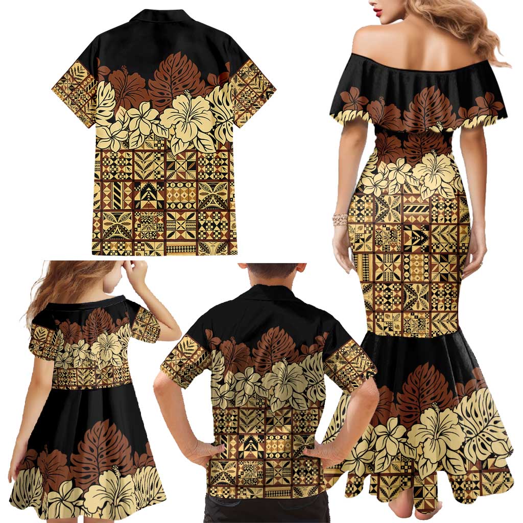 Niue Hiapo Motif Family Matching Mermaid Dress and Hawaiian Shirt Tapa Classic - Black Ver LT7 - Polynesian Pride