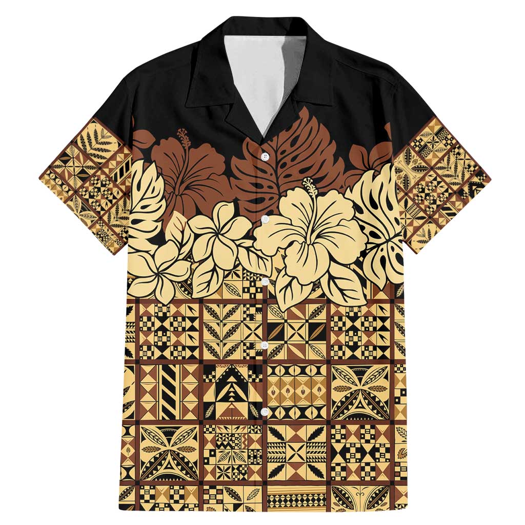 Niue Hiapo Motif Family Matching Mermaid Dress and Hawaiian Shirt Tapa Classic - Black Ver LT7 Dad's Shirt - Short Sleeve Black - Polynesian Pride