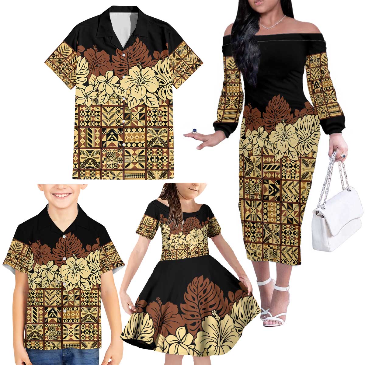 Niue Hiapo Motif Family Matching Off The Shoulder Long Sleeve Dress and Hawaiian Shirt Tapa Classic - Black Ver LT7 - Polynesian Pride