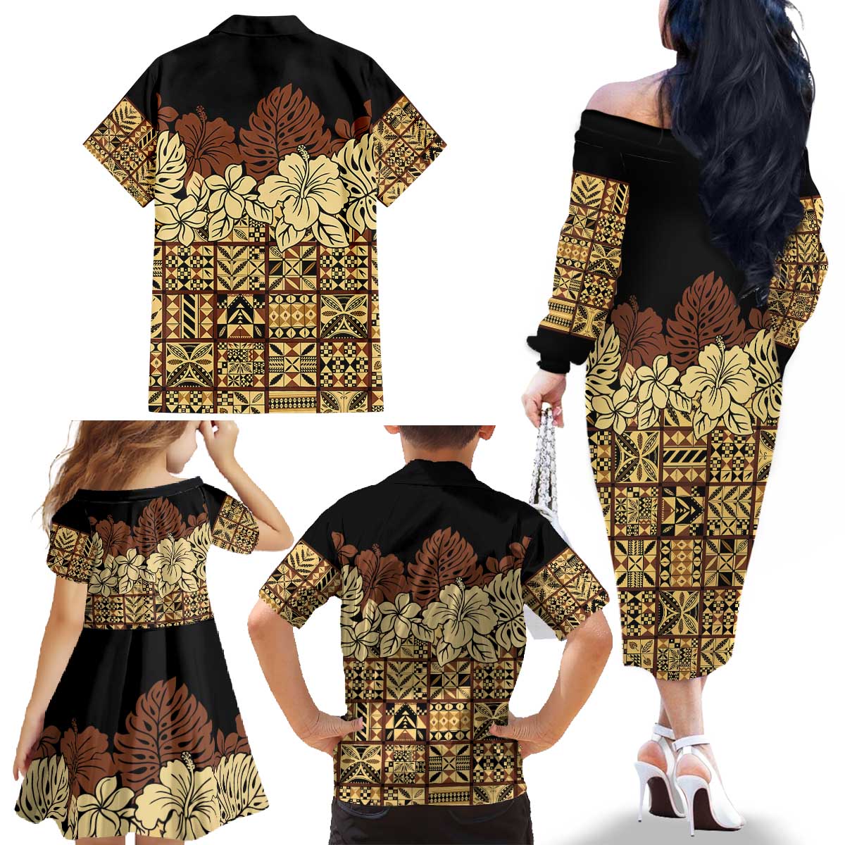 Niue Hiapo Motif Family Matching Off The Shoulder Long Sleeve Dress and Hawaiian Shirt Tapa Classic - Black Ver LT7 - Polynesian Pride