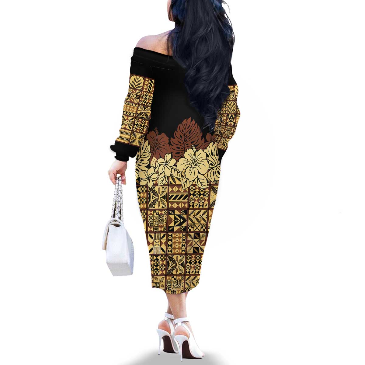 Niue Hiapo Motif Family Matching Off The Shoulder Long Sleeve Dress and Hawaiian Shirt Tapa Classic - Black Ver LT7 - Polynesian Pride