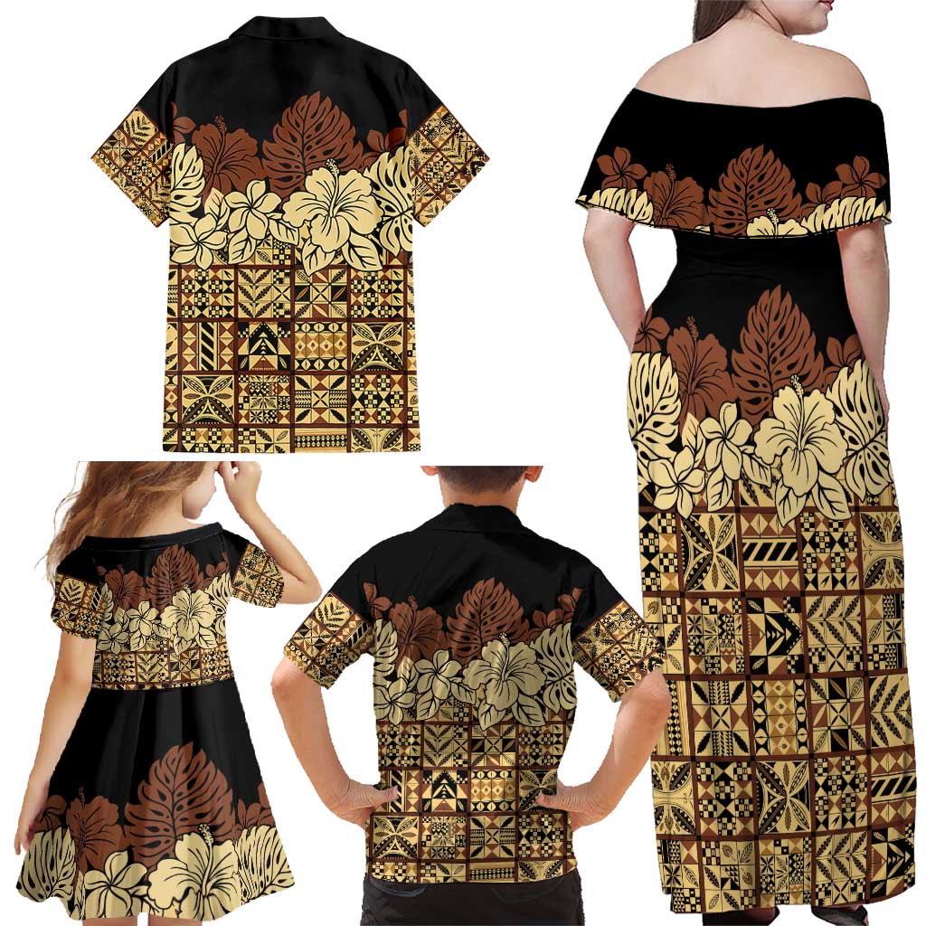 Niue Hiapo Motif Family Matching Off Shoulder Maxi Dress and Hawaiian Shirt Tapa Classic - Black Ver LT7 - Polynesian Pride