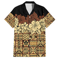 Niue Hiapo Motif Family Matching Off Shoulder Maxi Dress and Hawaiian Shirt Tapa Classic - Black Ver LT7 Dad's Shirt - Short Sleeve Black - Polynesian Pride