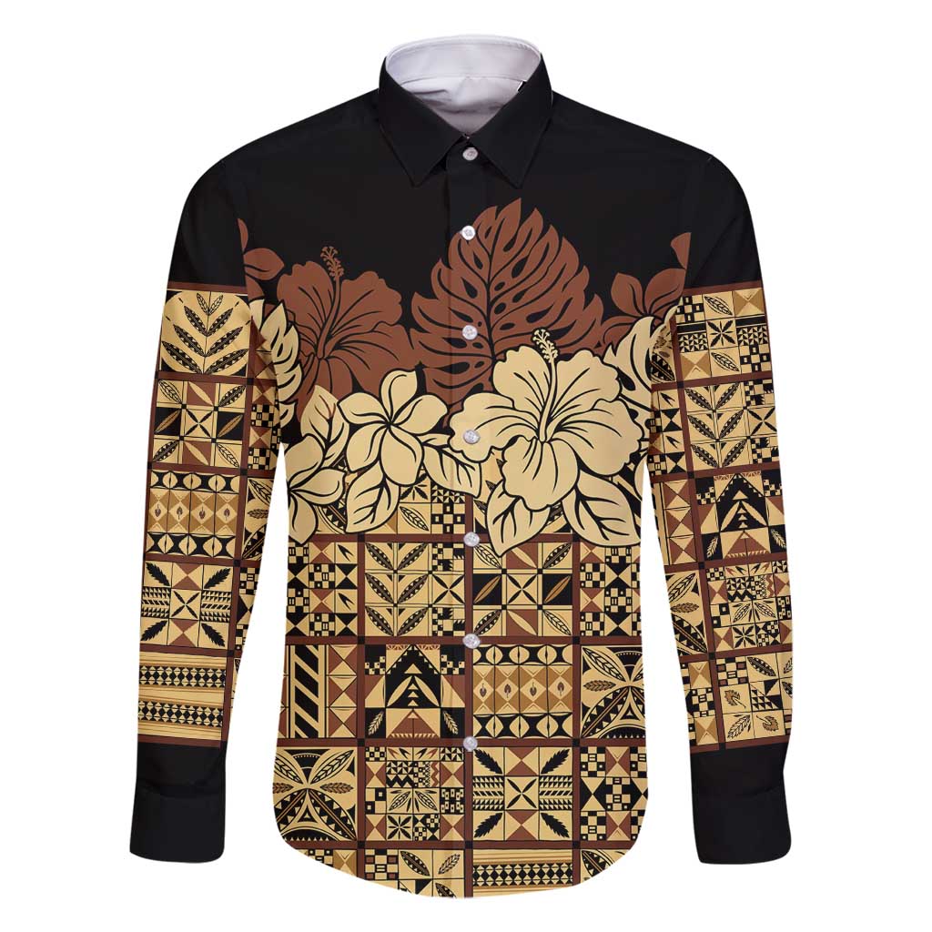 Niue Hiapo Motif Family Matching Off Shoulder Maxi Dress and Hawaiian Shirt Tapa Classic - Black Ver LT7 Dad's Shirt - Long Sleeve Black - Polynesian Pride