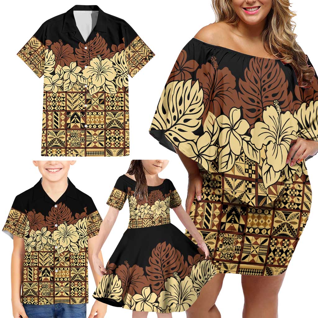 Niue Hiapo Motif Family Matching Off Shoulder Short Dress and Hawaiian Shirt Tapa Classic - Black Ver LT7 - Polynesian Pride