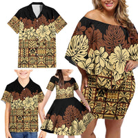 Niue Hiapo Motif Family Matching Off Shoulder Short Dress and Hawaiian Shirt Tapa Classic - Black Ver LT7 - Polynesian Pride