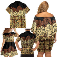 Niue Hiapo Motif Family Matching Off Shoulder Short Dress and Hawaiian Shirt Tapa Classic - Black Ver LT7 - Polynesian Pride