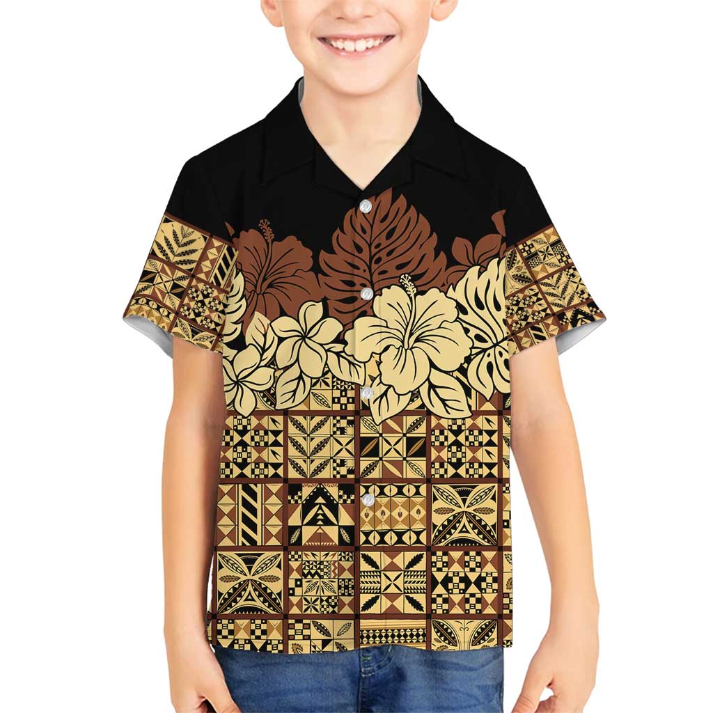 Niue Hiapo Motif Family Matching Off Shoulder Short Dress and Hawaiian Shirt Tapa Classic - Black Ver LT7 Son's Shirt Black - Polynesian Pride
