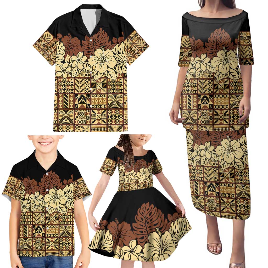 Niue Hiapo Motif Family Matching Puletasi and Hawaiian Shirt Tapa Classic - Black Ver LT7 - Polynesian Pride