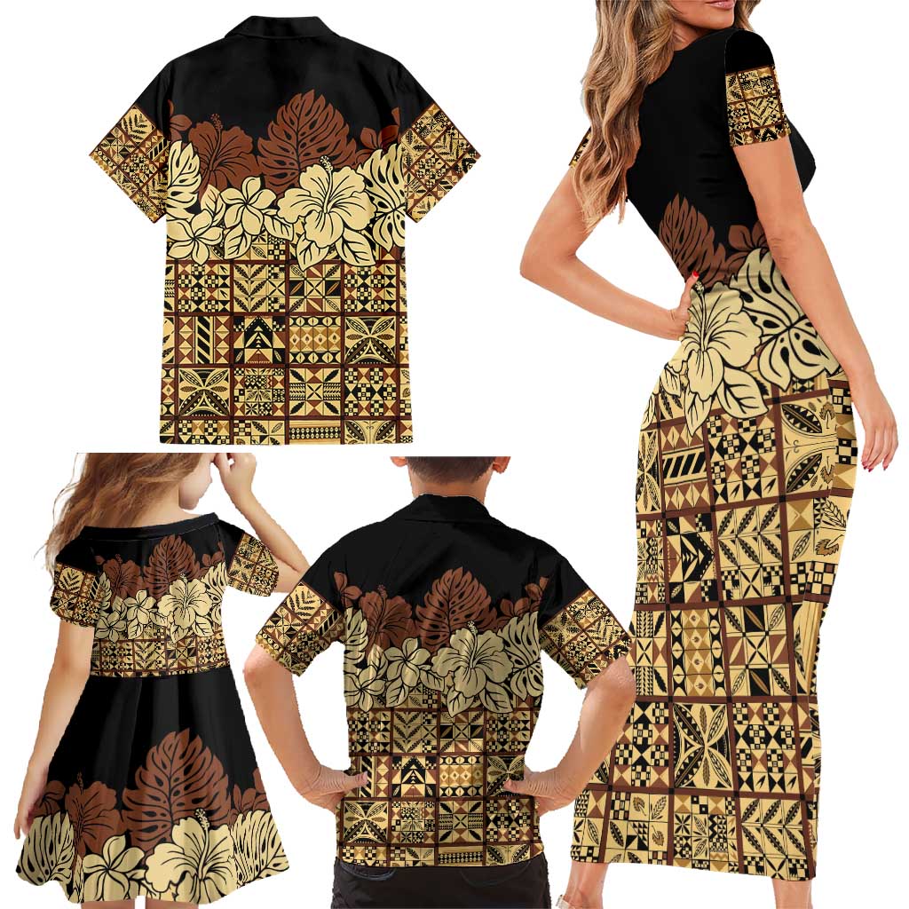 Niue Hiapo Motif Family Matching Short Sleeve Bodycon Dress and Hawaiian Shirt Tapa Classic - Black Ver LT7 - Polynesian Pride
