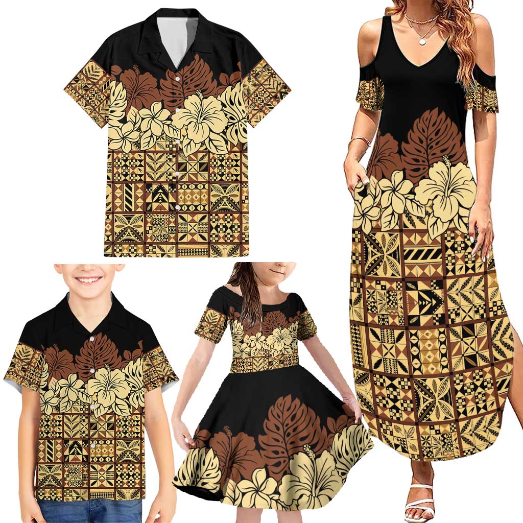 Niue Hiapo Motif Family Matching Summer Maxi Dress and Hawaiian Shirt Tapa Classic - Black Ver LT7 - Polynesian Pride